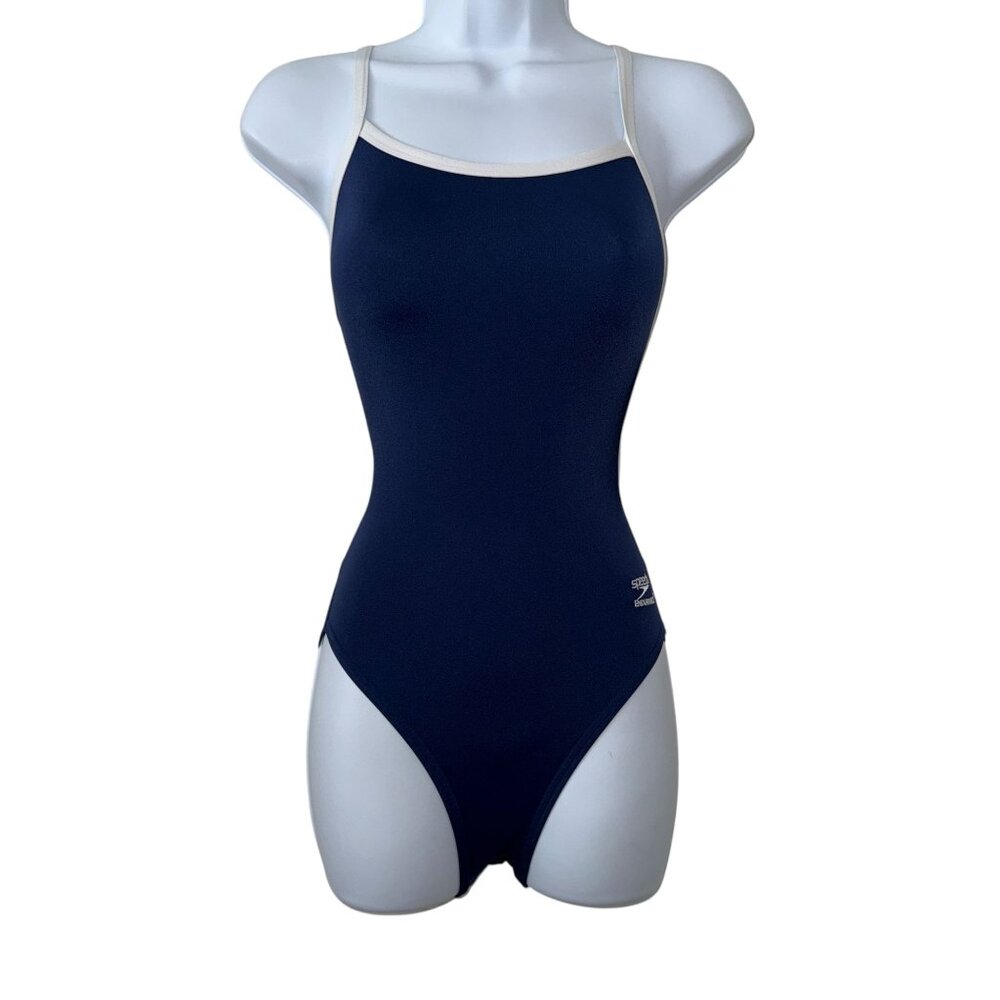 NWT Speedo Endurance + One Piece Swimsuit Womens 26 Solid Flyback Blue Training